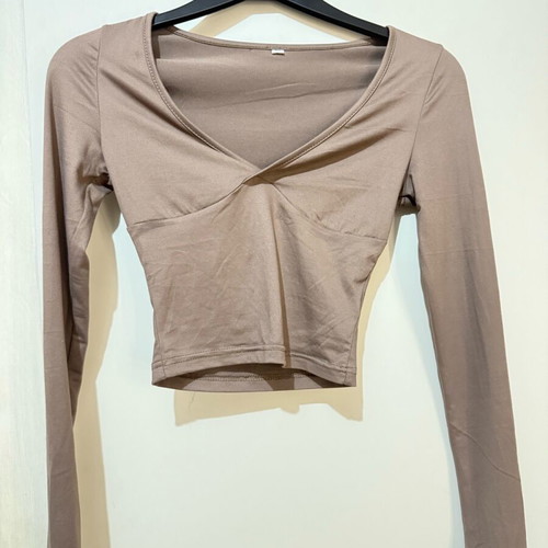 Shein Brown Crop Top with Long Sleeves and Open V Neck Like New XS