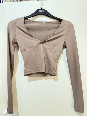 Shein Brown Crop Top with Long Sleeves and Open V Neck Like New XS