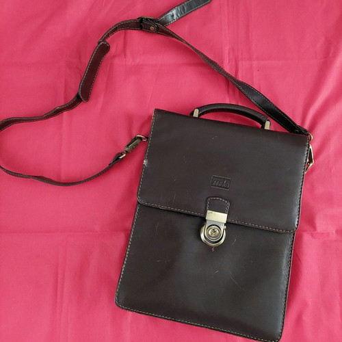 Leather brown men's bag used, slim for documents up to A4 and tablet