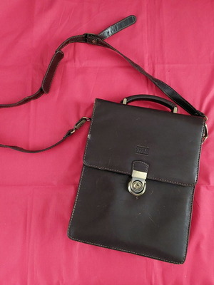 Leather brown men's bag used, slim for documents up to A4 and tablet