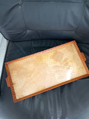 Woodcarved tray with glass like new