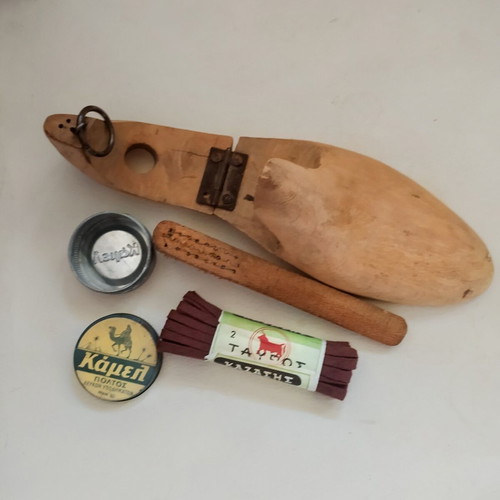 Vintage Shoe Care Set with Wooden Shoe Last, Brush, Camel Polish, Kazazis Laces