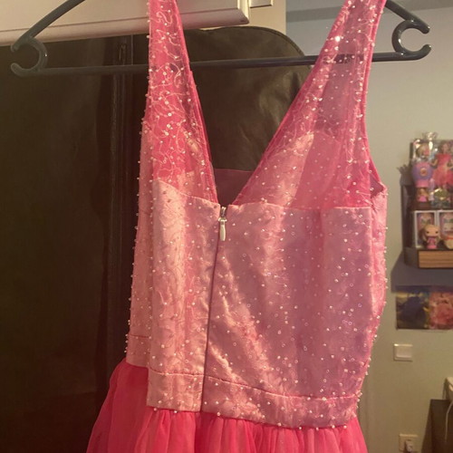 Evening dress used, very long pink and white with train, size S