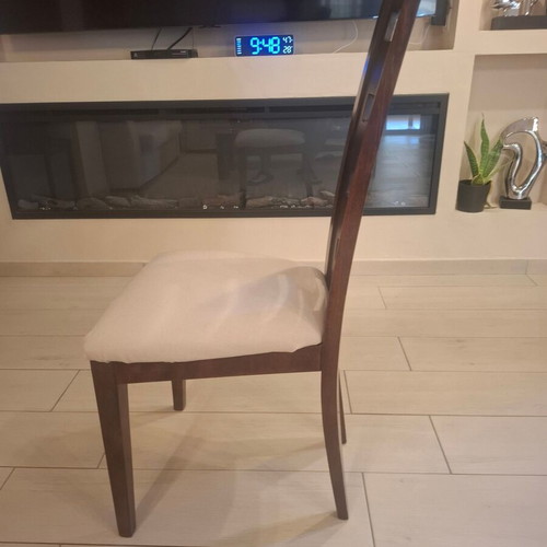 Set of 6 wooden dining chairs, dark wood with light fabric