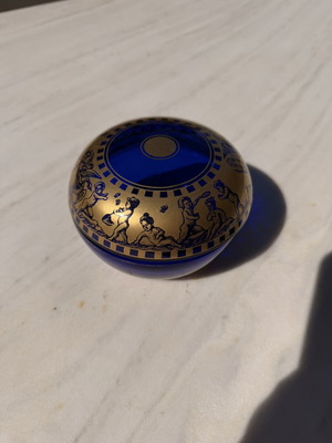 Vintage cobalt glass jewelry box with gilded neoclassical decoration like new