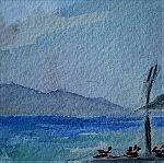  Πίνακας ζωγραφικής αυθεντικός θαλασσινό τοπίο σπίτια βάρκες Τέρψη Κυριακού.