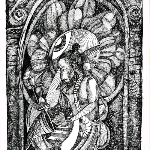 Drawing on paper with rapidographs titled The Magical World of the Artist