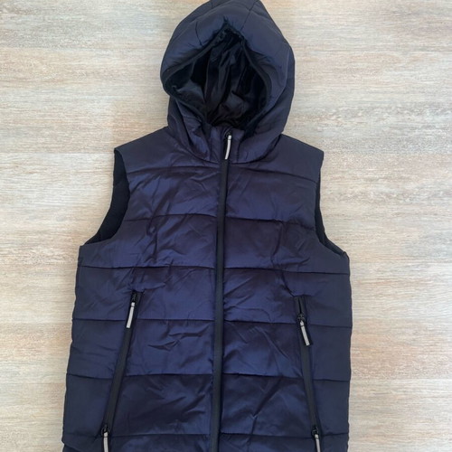 Look At Me sleeveless blue jacket with hood and zipper pockets, used, 12-13Y