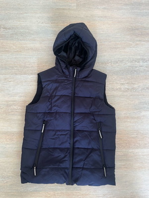 Look At Me sleeveless blue jacket with hood and zipper pockets, used, 12-13Y