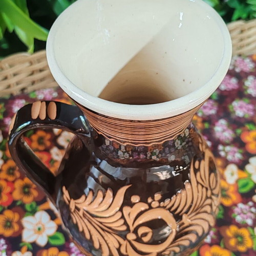 Vintage pottery jug with floral sgraffito decoration, 22 cm