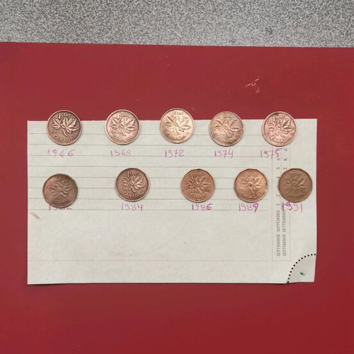 1 cent coins used, pack of 10 from Canada