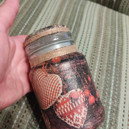 Glass jar with lid, decoupage decoration and raw twine