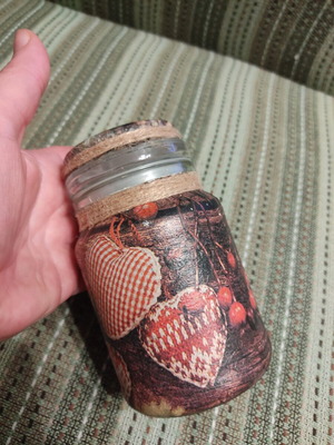 Glass jar with lid, decoupage decoration and raw twine