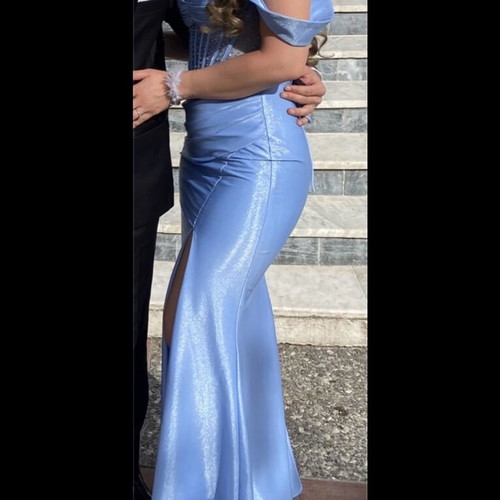 Satin maxi dress with slit, sky blue