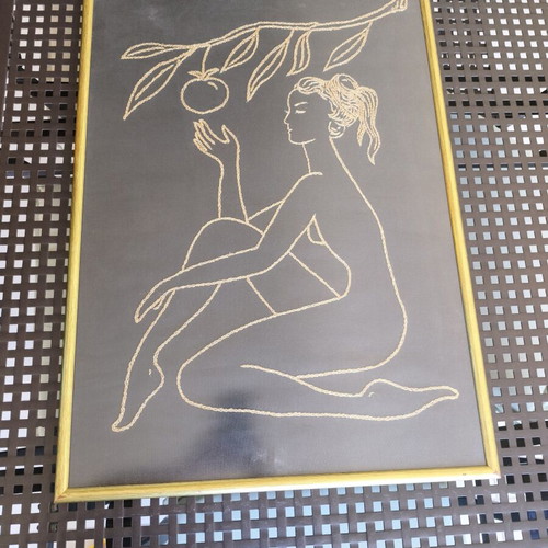 Framed embroidery with golden thread and crystal, like new, 50x72 cm