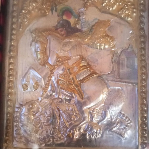 Old Saint George icon used, silver and gold 18x15 cm