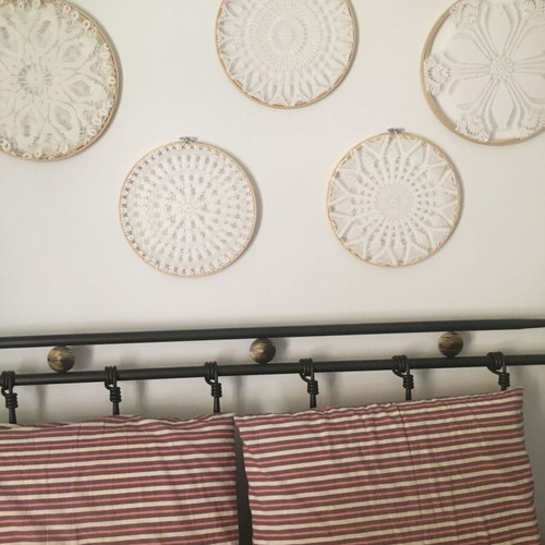 Handmade crochet wall decor on wooden hoops like new, set of 3