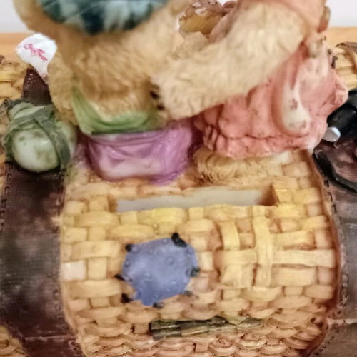 Vintage decorative piggy bank shaped like a chest with teddy bear figures like new