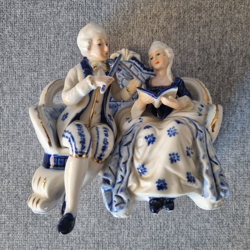 Vintage porcelain Rococo couple figurine blue and gold details