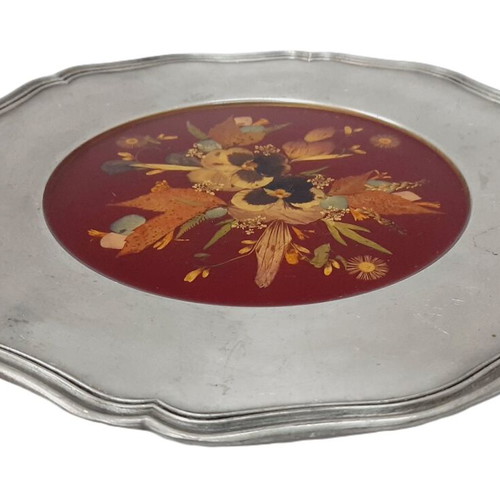 Decorative Pewter Plate with Real Dried Flowers under Resin, 30.5 cm, 1960s