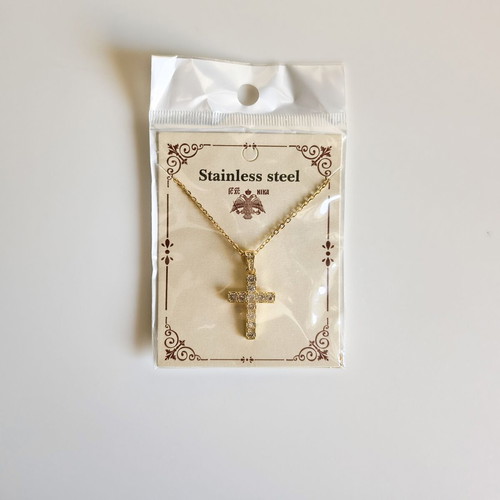 Cross pendant new, gold plated stainless steel with zircon stones