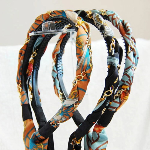 Set of 3 satin hairbands with chains and ribbons new multicolored