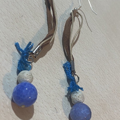 Women's earrings with semiprecious stones agate and pumice, new, blue and brown