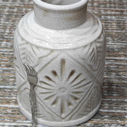 Decorative ceramic vase vintage style new, off-white with embossed patterns