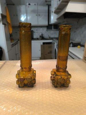 Set of glass candlesticks in amber shade like new (2 pieces)