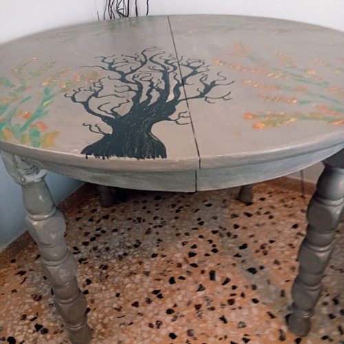 Round table with painted design, chalk paint
