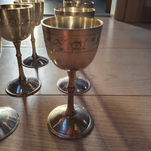 Silver-plated liqueur glasses used, set of 6, 1970s with nice pattern