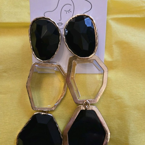 Large impressive earrings new, black with gold and transparent