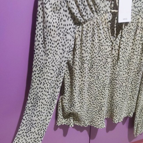 Mango Pomelo Tie Neck Spot Print Blouse new, beige with black polka dots