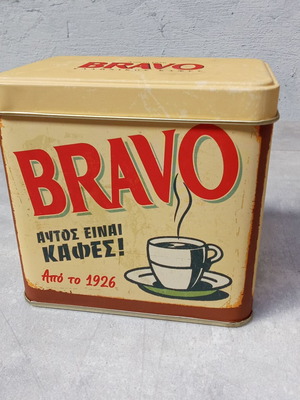 Vintage collectible metal coffee tin Bravo used