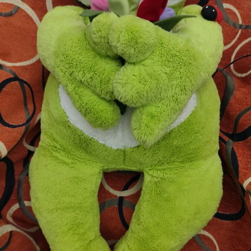 Large Plush Frog like new, soft velvet fabric, holding flowers