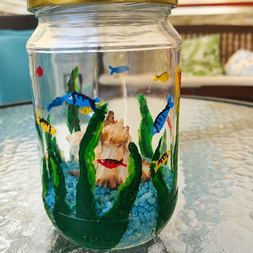 Decorative vase with painted underwater scene and real shell, new