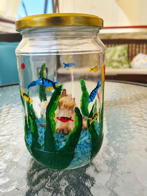 Decorative vase with painted underwater scene and real shell, new
