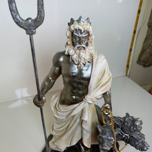 Hades figurine with Cerberus used, synthetic porcelain