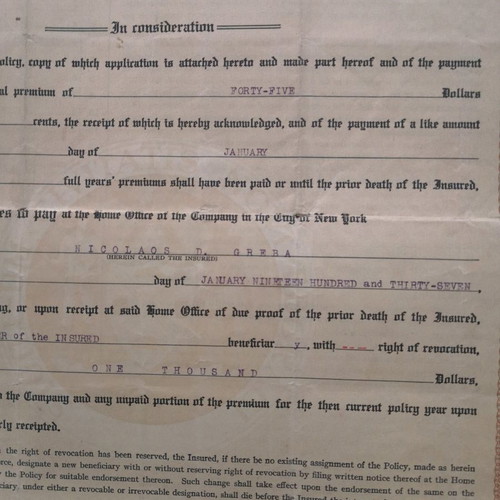 Life insurance policy used, 20 years, collectible from 1917
