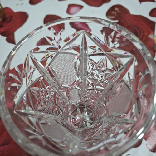 Bohemian crystal vase conical shape with hand-engraved geometric designs new