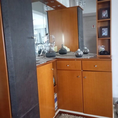 Corner reception furniture with mirror and storage, brown and faux leather