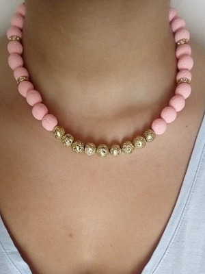 Handmade necklace with semi-precious lava stone (pink-gold) and zircon