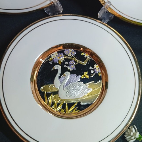 Set of 3 Japanese Chokin Art Plates with 24K Gold and Silver
