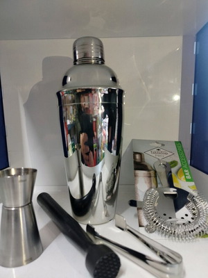 Bar set inox new with 25ml jigger, 700ml shaker, tongs, strainer, plastic cocktail muddler