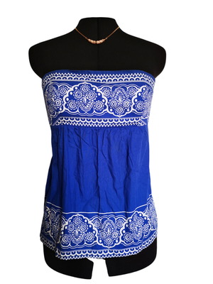 Blue strapless Benetton top like new with white patterns
