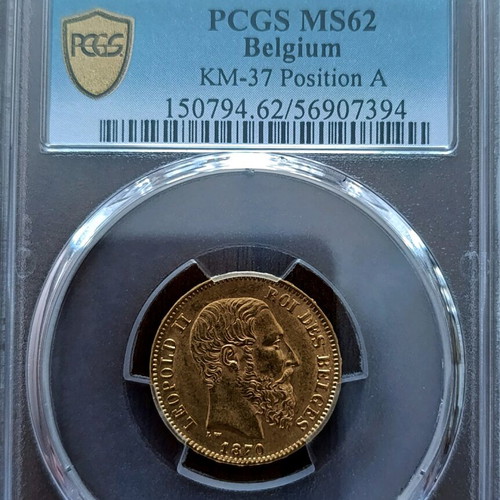 Gold Coin 20 Francs Belgium 1870 Leopold II like new