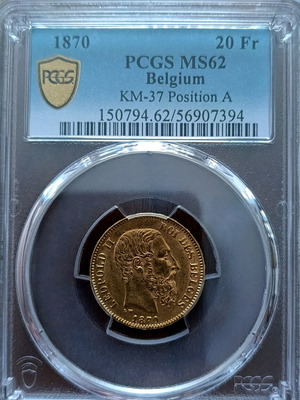 Gold Coin 20 Francs Belgium 1870 Leopold II like new