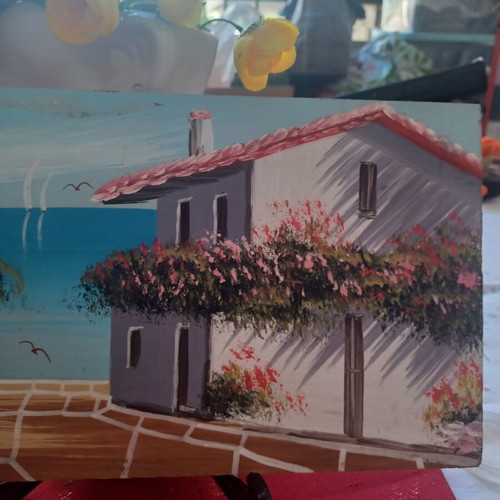 Handmade painting of Greek island with sea view used
