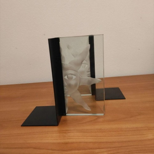 Bookends set like new, metal and glass with embossed design