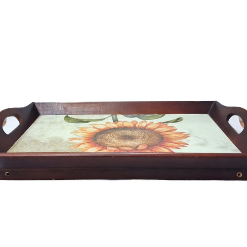 Vintage wooden tray with sunflower rustic decor used